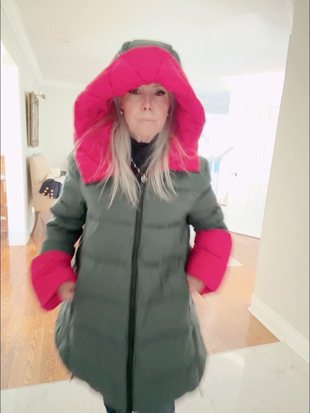 Puffer Jacket in Green & Pink Like New